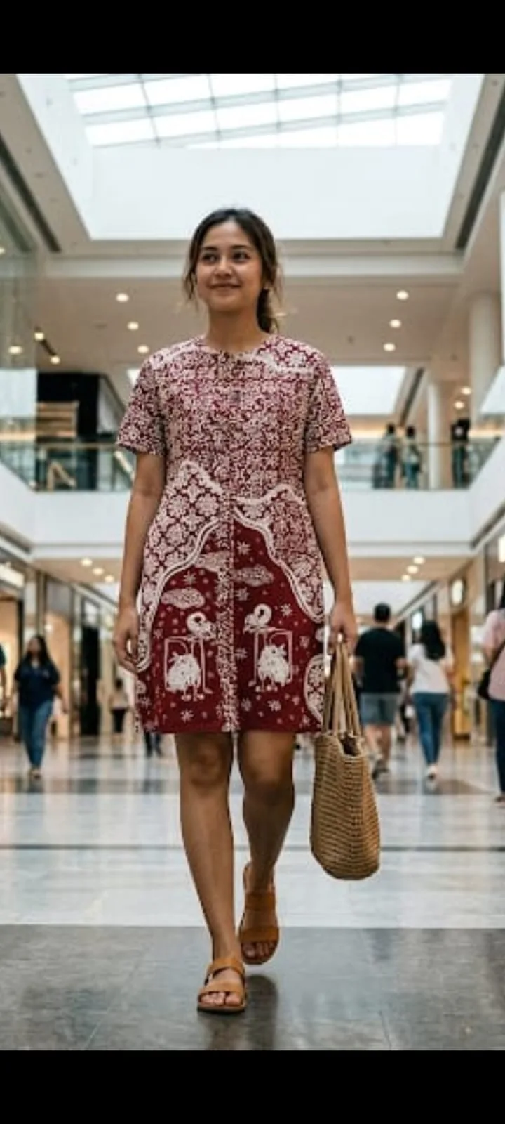 Dress shift batik merah bermotif burung dan kembang