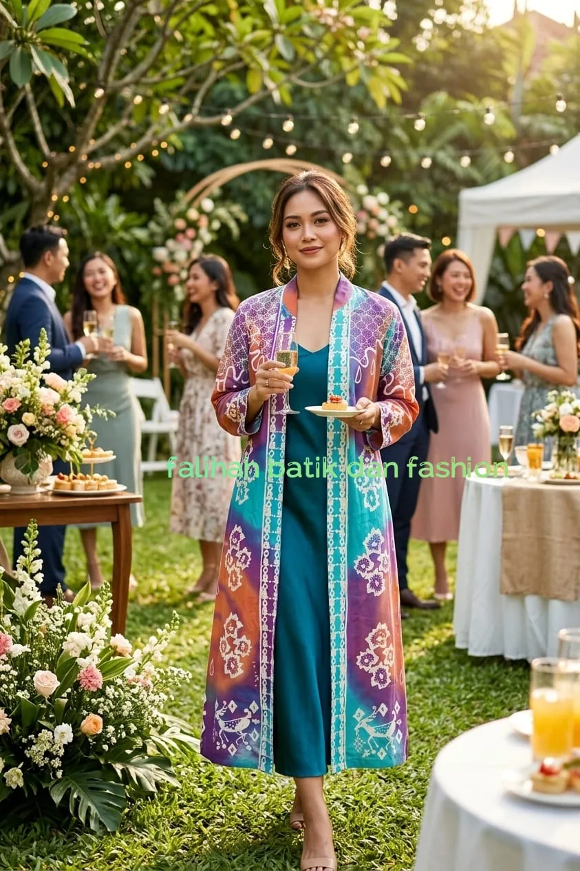 Outer batik tulis gradasi pelangi dikenakan di acara taman